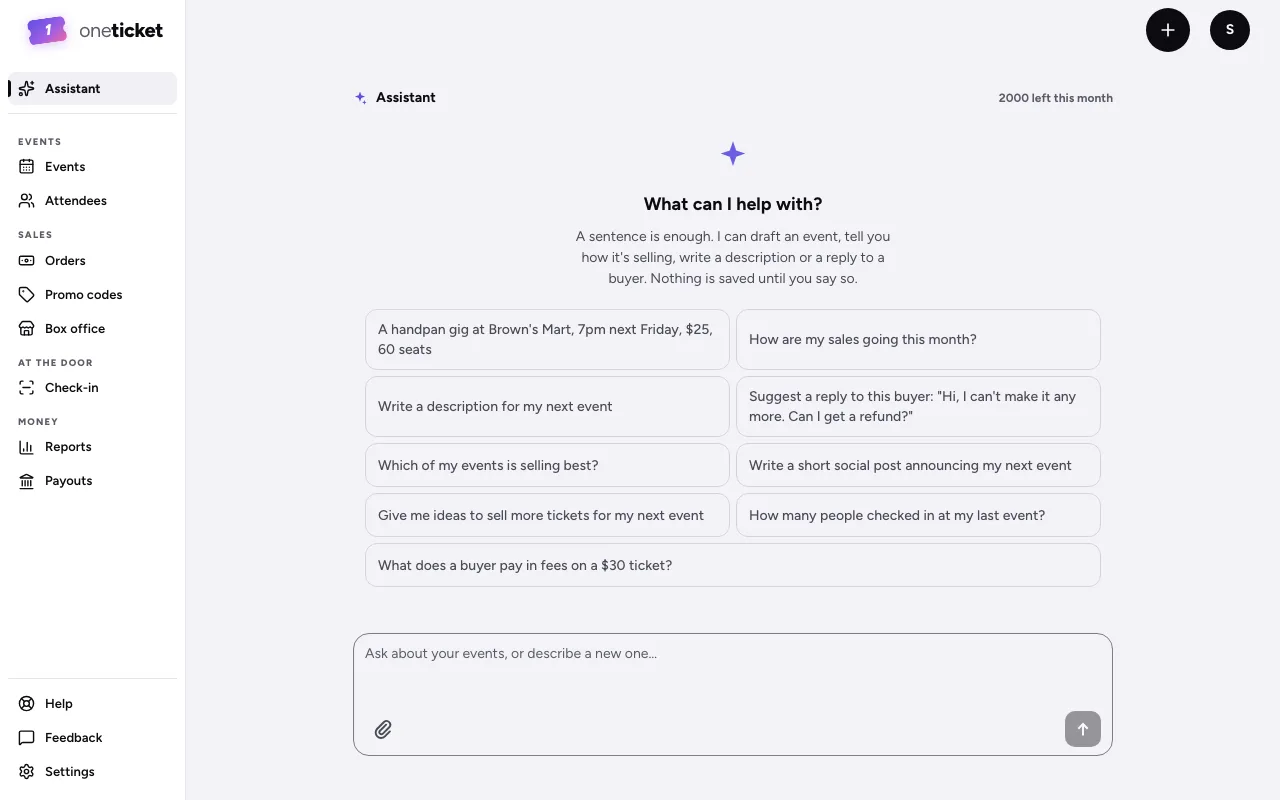 The Assistant: What can I help with?, nine example requests, and the message box