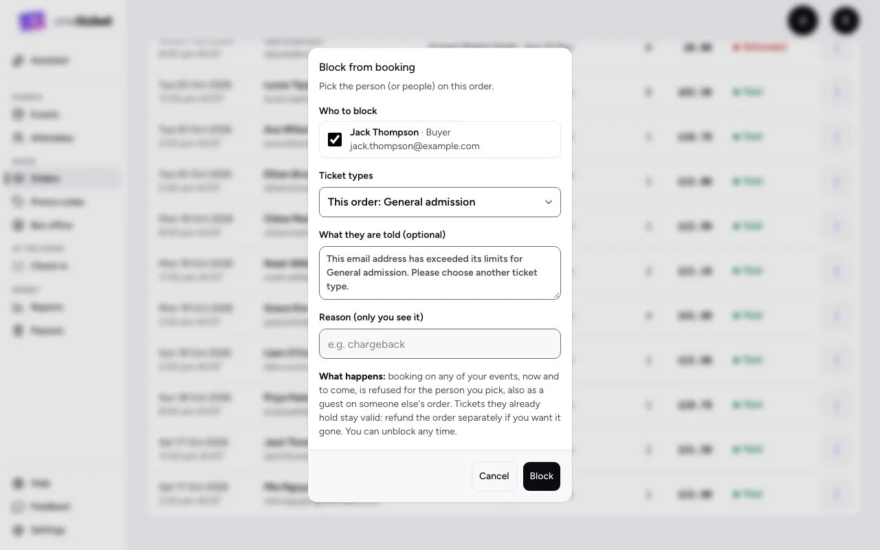 The Block from booking dialog: Who to block, Ticket types, What they are told and Reason