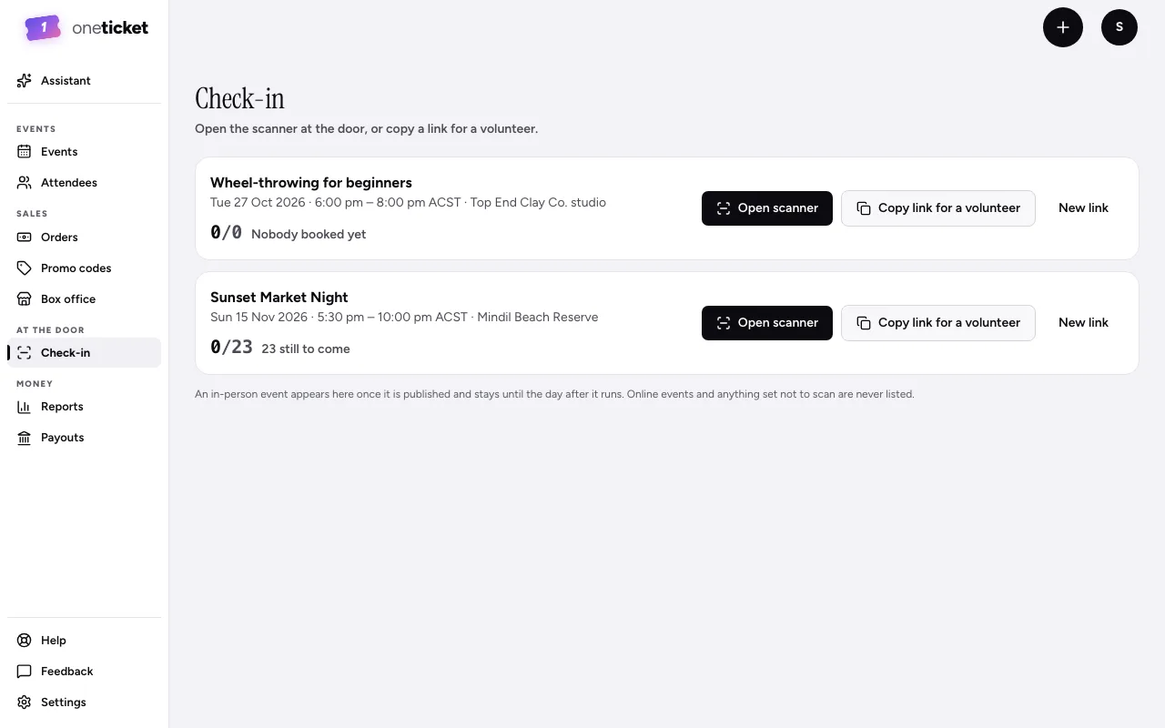 The Check-in page: each event with how many are in, Open scanner, Copy link for a volunteer and New link