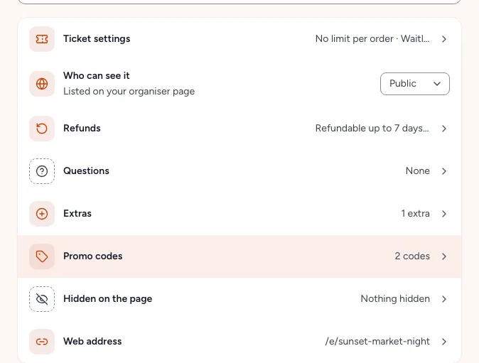 The settings unfolded: Ticket settings, Who can see it, Refunds, Questions, Extras, Promo codes, Hidden on the page and Web address