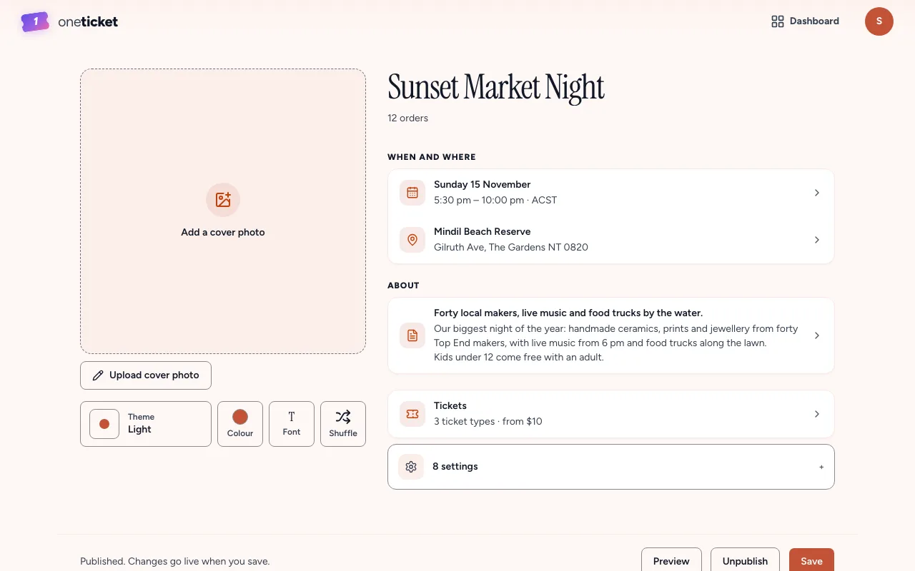 The editor for Sunset Market Night: the cover photo and look on the left, When and where, About and Tickets on the right