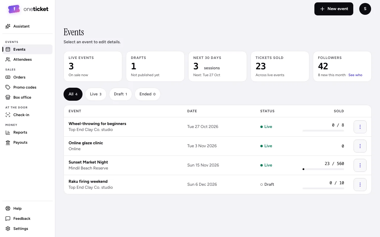 The Events page, with the menu on the left, the New event button and the list of events