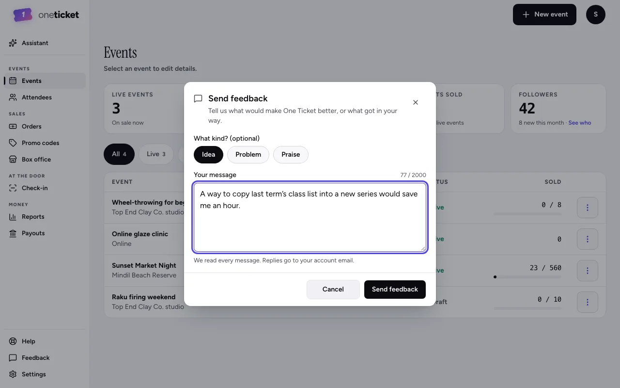 The Send feedback dialog: Idea, Problem or Praise, the message box and Send feedback