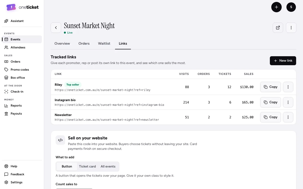 The Links tab: Tracked links with New link, and Sell on your website below