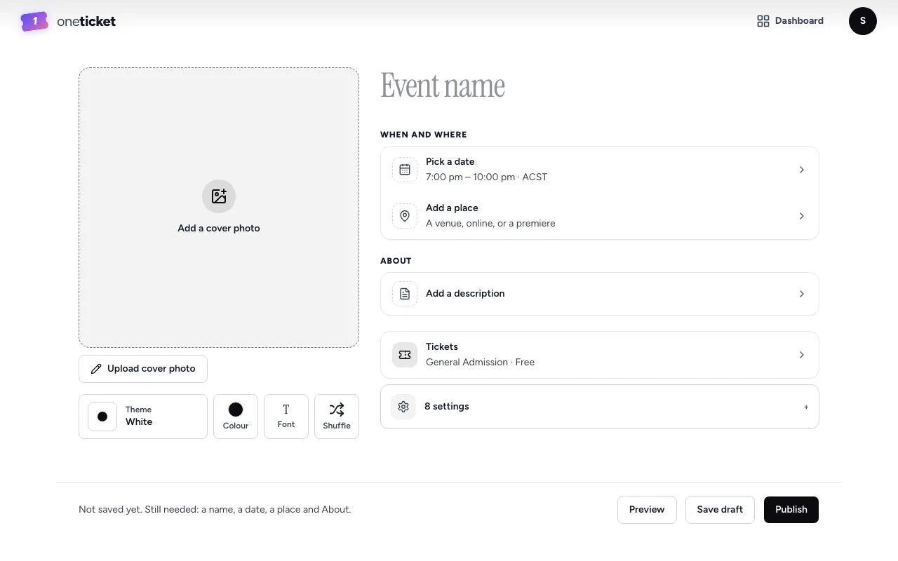 A new event in the editor: Event name at the top, then Pick a date, Add a place, Add a description, Tickets and 8 settings, with Preview, Save draft and Publish at the bottom