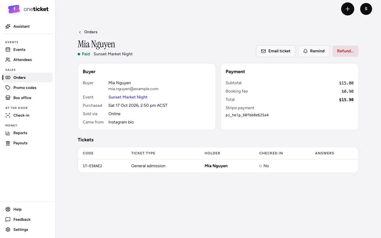 An order's page for Mia Nguyen: Buyer, Payment and Tickets, with Email ticket, Remind and Refund buttons