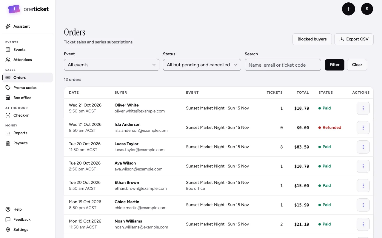 The Orders page: the Event, Status and Search filters, and a list of orders with buyer, event, tickets, total and status
