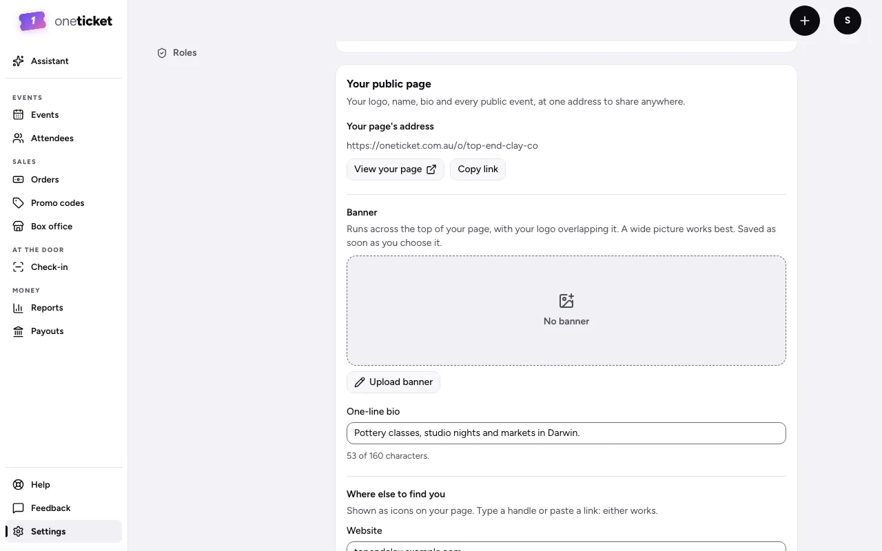 The Your public page settings: the page's address, View your page and Copy link, Banner, One-line bio and Where else to find you