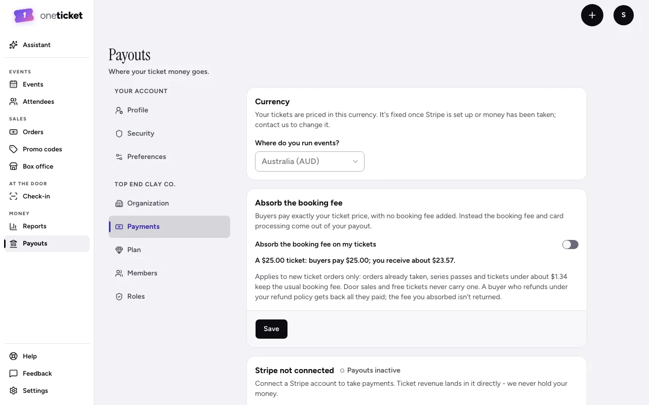 The Payouts page with the Currency card, the Absorb the booking fee card and Connect with Stripe
