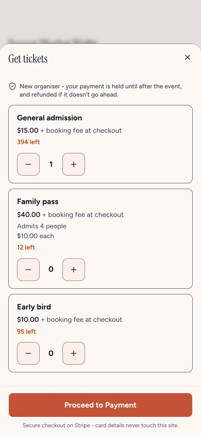Get tickets on a phone: each ticket type with its price, how many are left and the + and − buttons, and Proceed to Payment