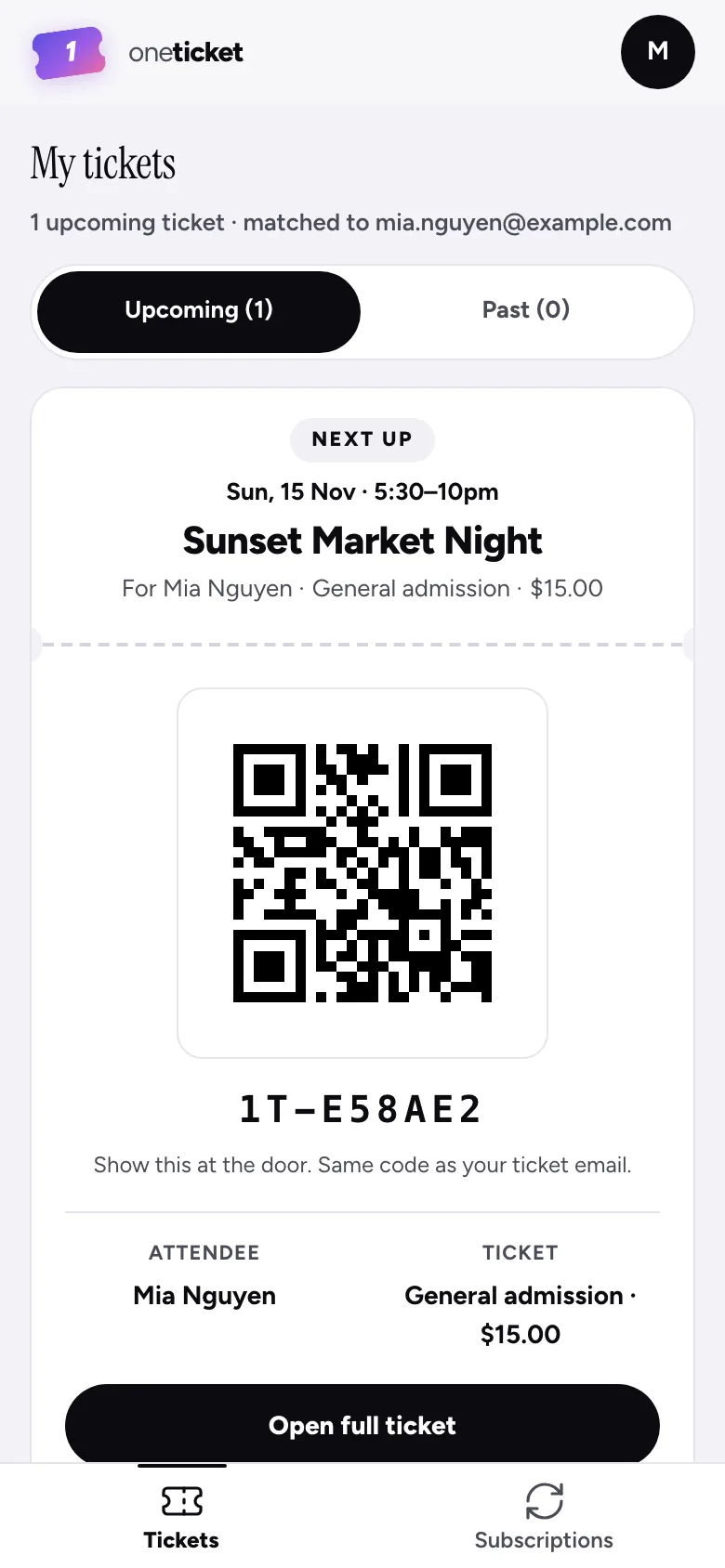 My tickets on a phone: the next ticket with its QR code, and the list of upcoming tickets
