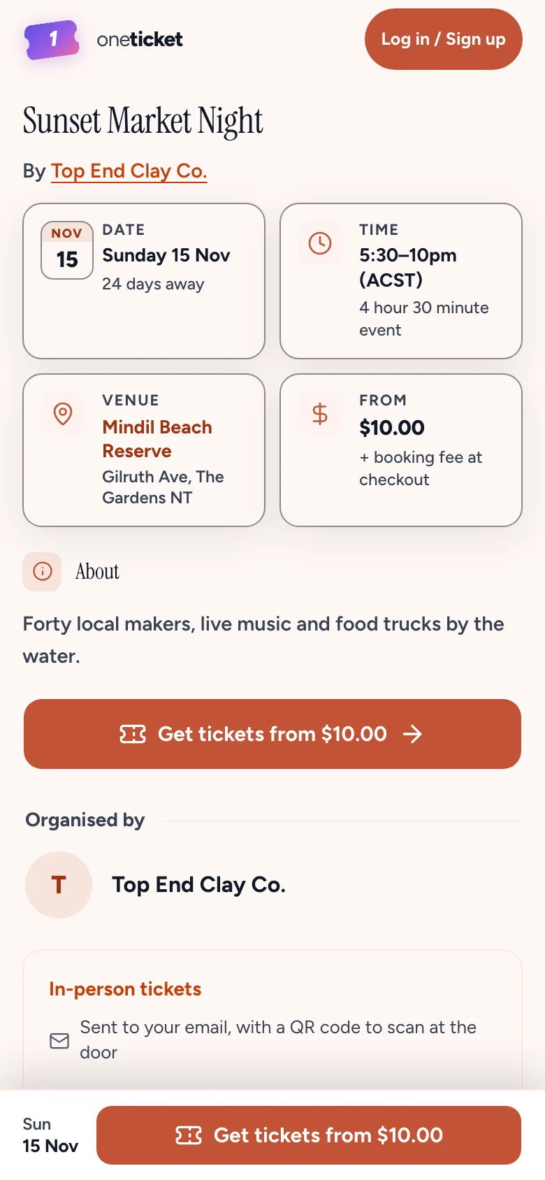 The event page on a phone, with the Get tickets bar along the bottom