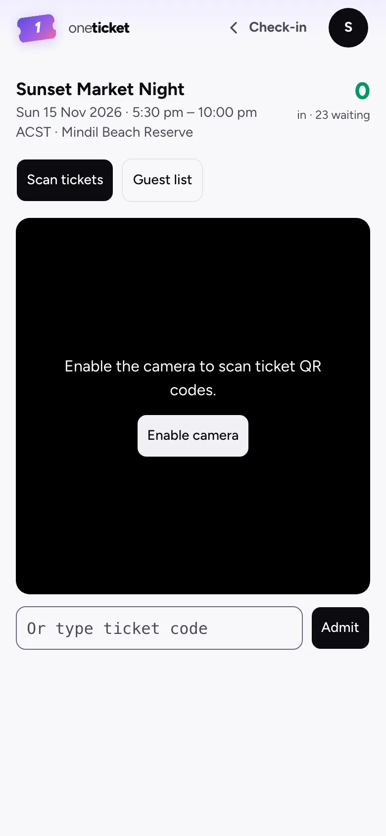 The scanner on a phone: the event, how many are in and waiting, the Scan tickets and Guest list tabs, Enable camera, and the box to type a ticket code