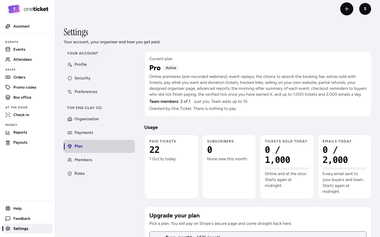 The Plan settings: the current plan, Usage with paid tickets, subscribers, tickets sold today and emails today, and Upgrade your plan