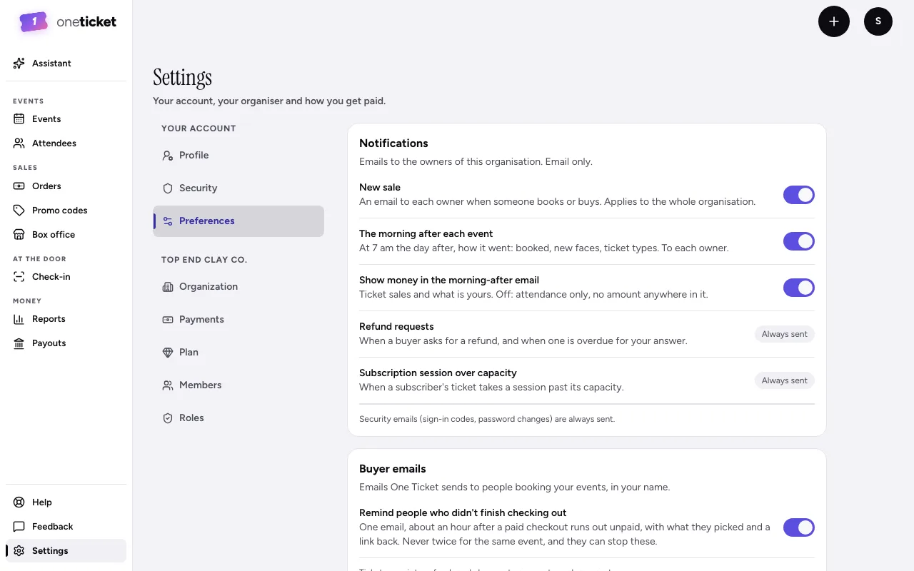 The Preferences settings: Notifications with New sale, The morning after each event and Show money, and Buyer emails with checkout reminders