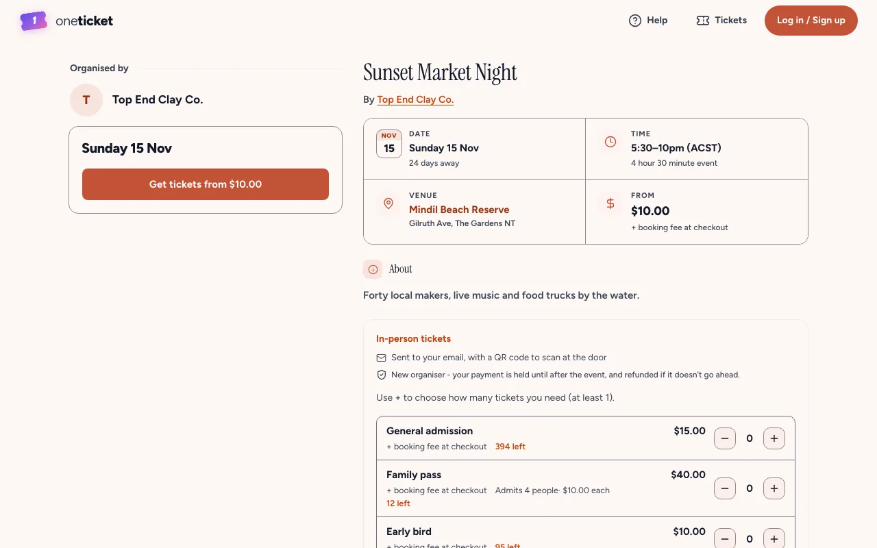 The public page for Sunset Market Night: the cover, the date, time, venue and price, and the Get tickets button
