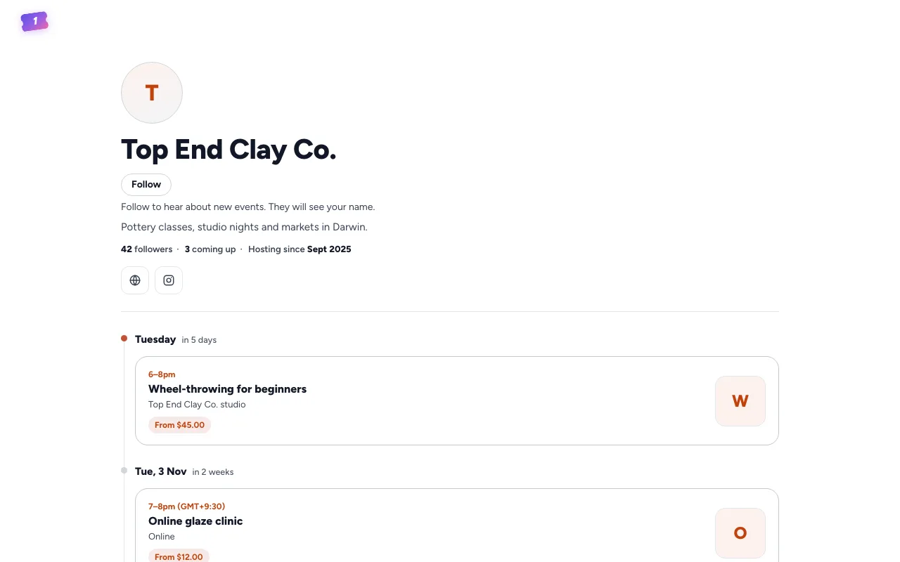 The organiser page for Top End Clay Co.: the name, Follow, the bio, website and Instagram icons, and the upcoming events by date