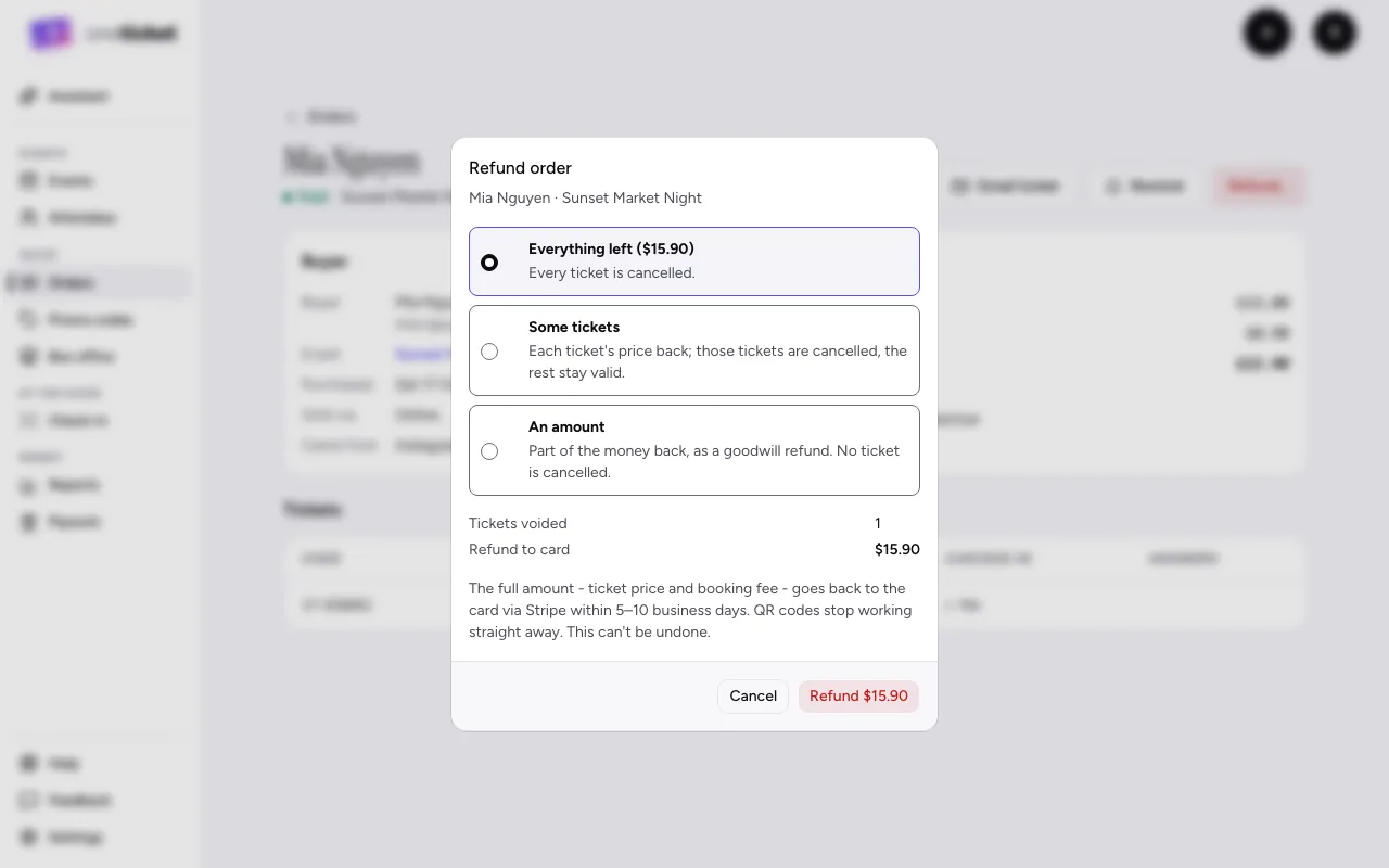The Refund order dialog: Everything left, Some tickets or An amount, with the tickets voided and the amount going back to the card