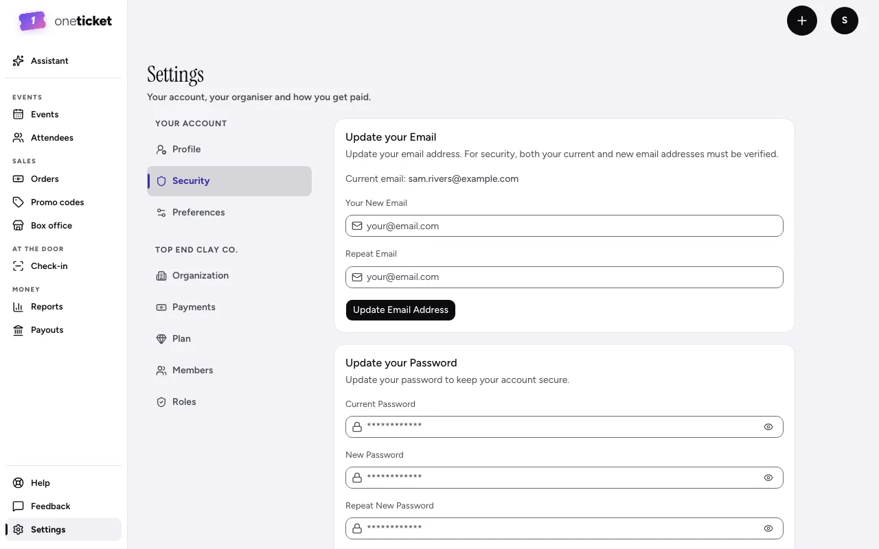 The Security settings for an account with a password: Update your Email and Update your Password