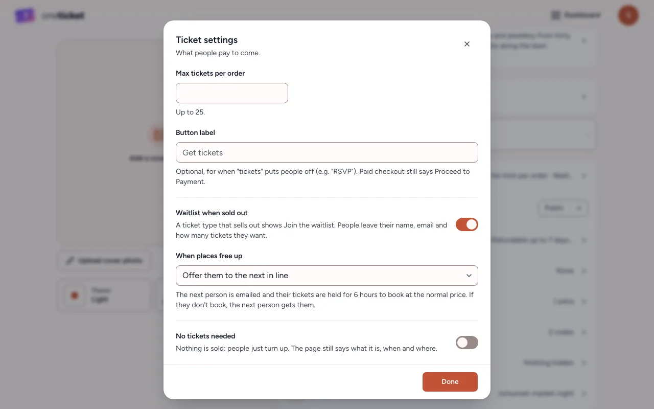 The Ticket settings panel: Max tickets per order, Button label, Waitlist when sold out and When places free up