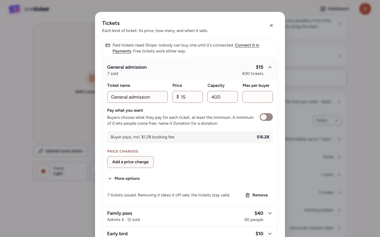 The Tickets panel with General admission open: Ticket name, Price, Capacity, Max per buyer, Pay what you want, what the buyer pays, Price changes and More options