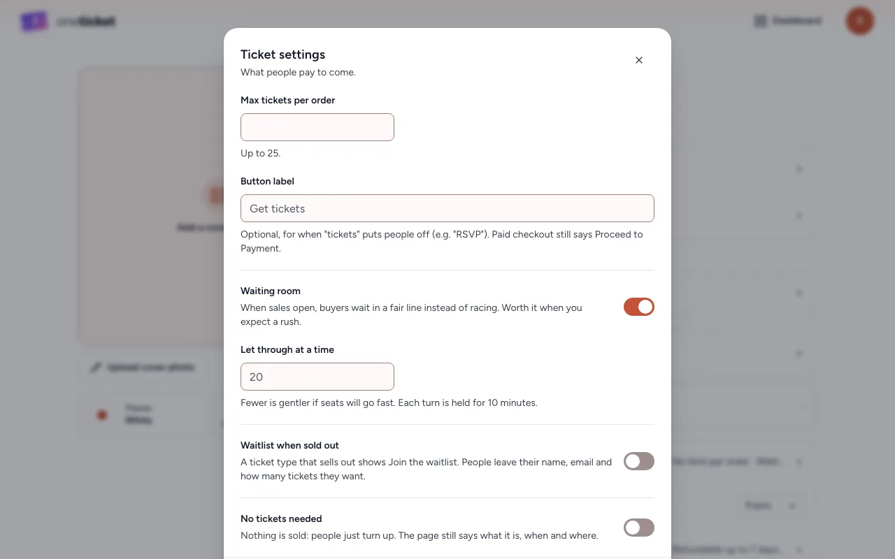 The Ticket settings panel with Waiting room switched on and Let through at a time set to 20