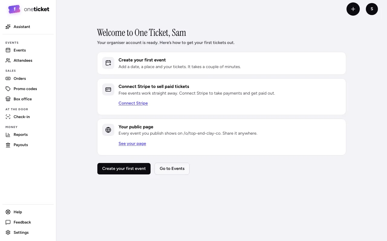 The welcome page: Create your first event, Connect Stripe to sell paid tickets, and Your public page