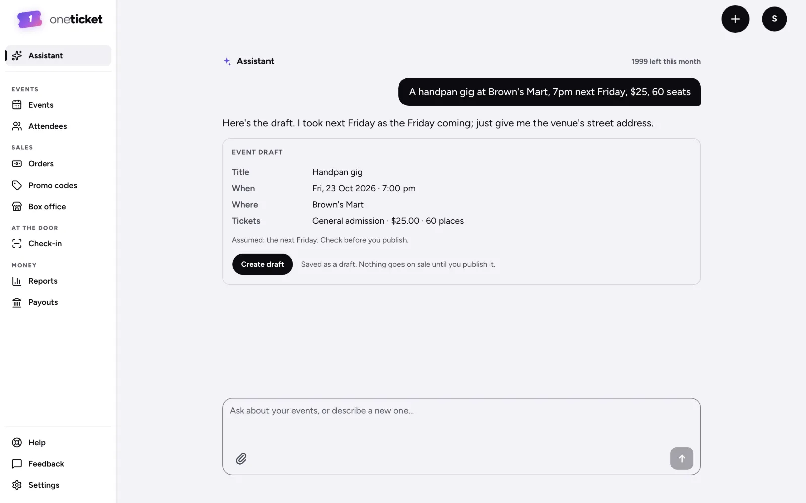 The Assistant drafting an event from one sentence: title, when, where and tickets, with Create draft