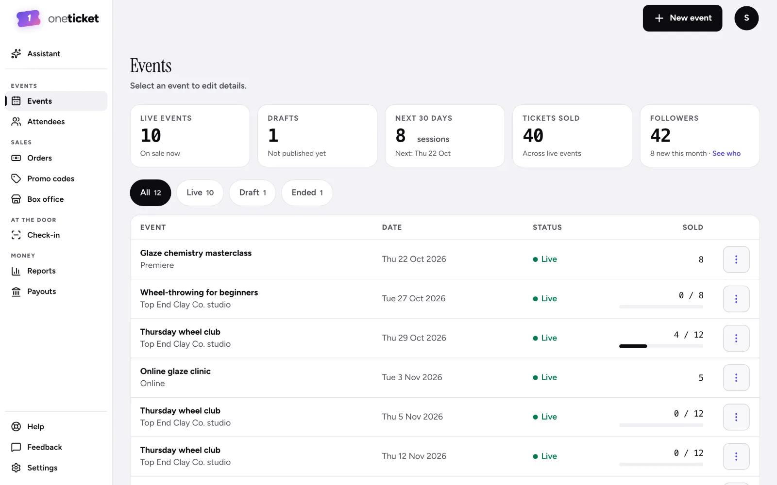 The Events page: live events with tickets sold against capacity, and followers