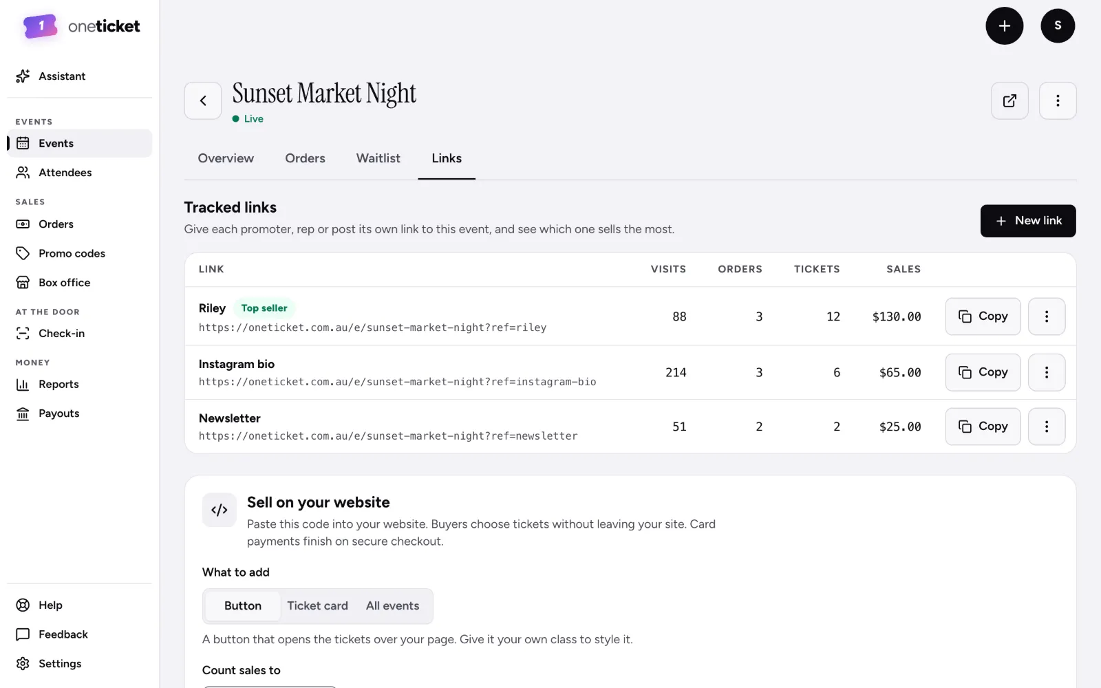 An event’s Links tab: three tracked links with their visits, orders, tickets and sales, and Sell on your website with Button, Ticket card and All events
