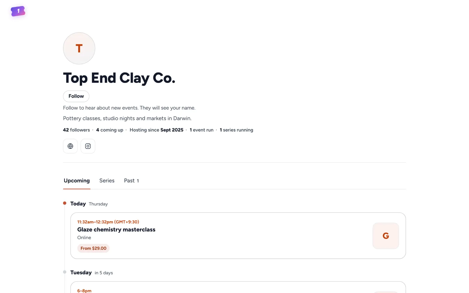 An organiser’s page on a laptop: Top End Clay Co., Follow, 42 followers, and the events coming up