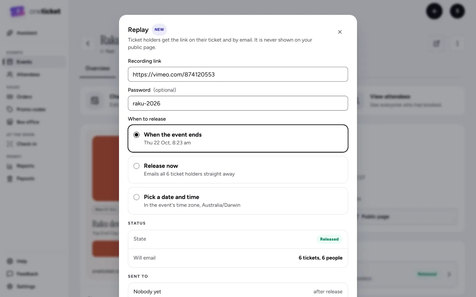 Setting up a replay: the recording link, a password, and when to release it