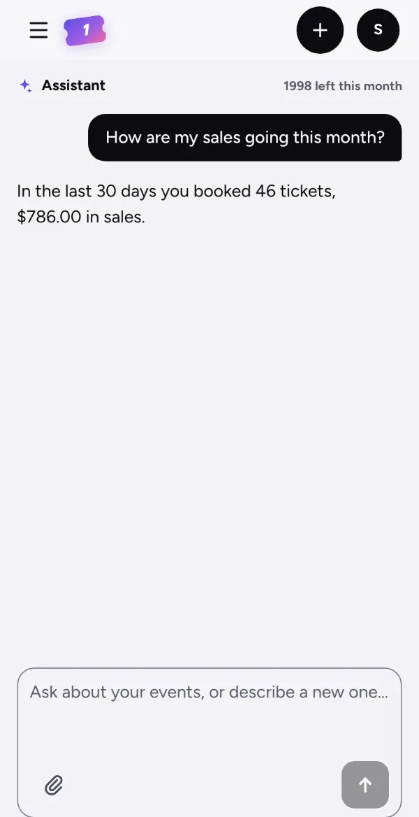 The Assistant on a phone answering How are my sales going this month: 46 tickets, $786.00 in sales