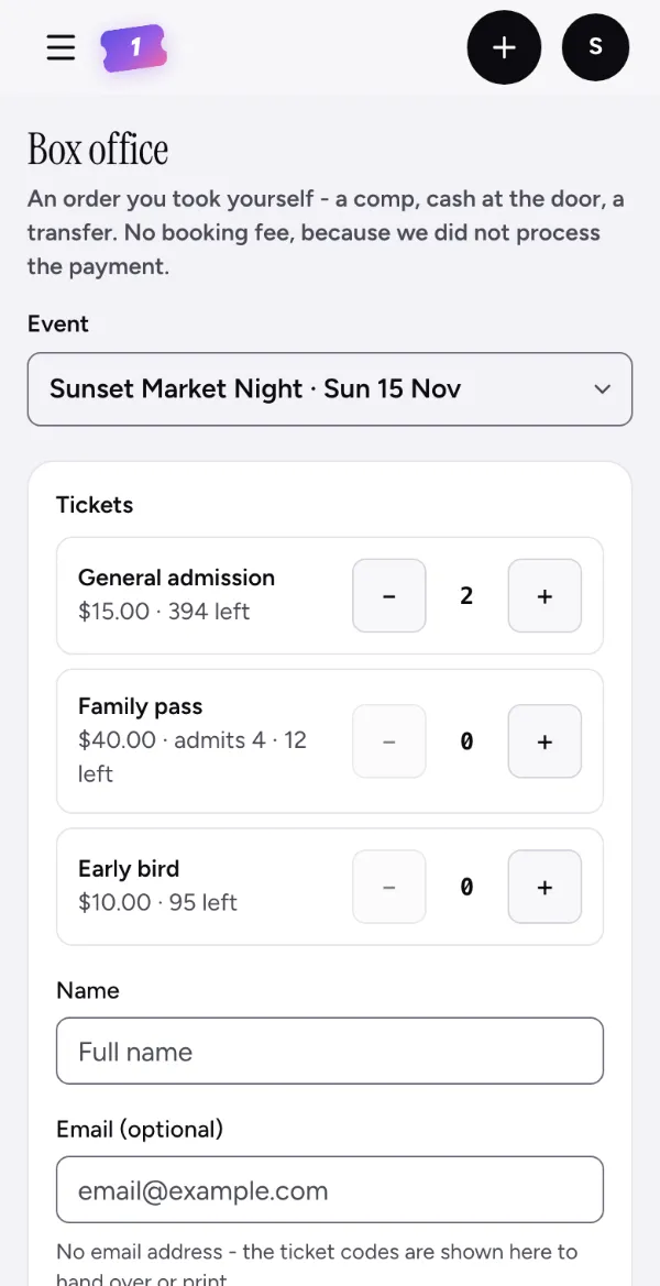 The box office on a phone: two General admission tickets for Sunset Market Night