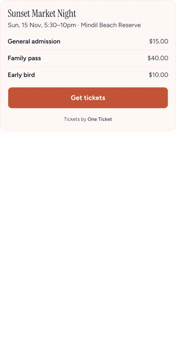 The ticket card on a phone, as it shows on an organiser’s own site: Sunset Market Night with Get tickets