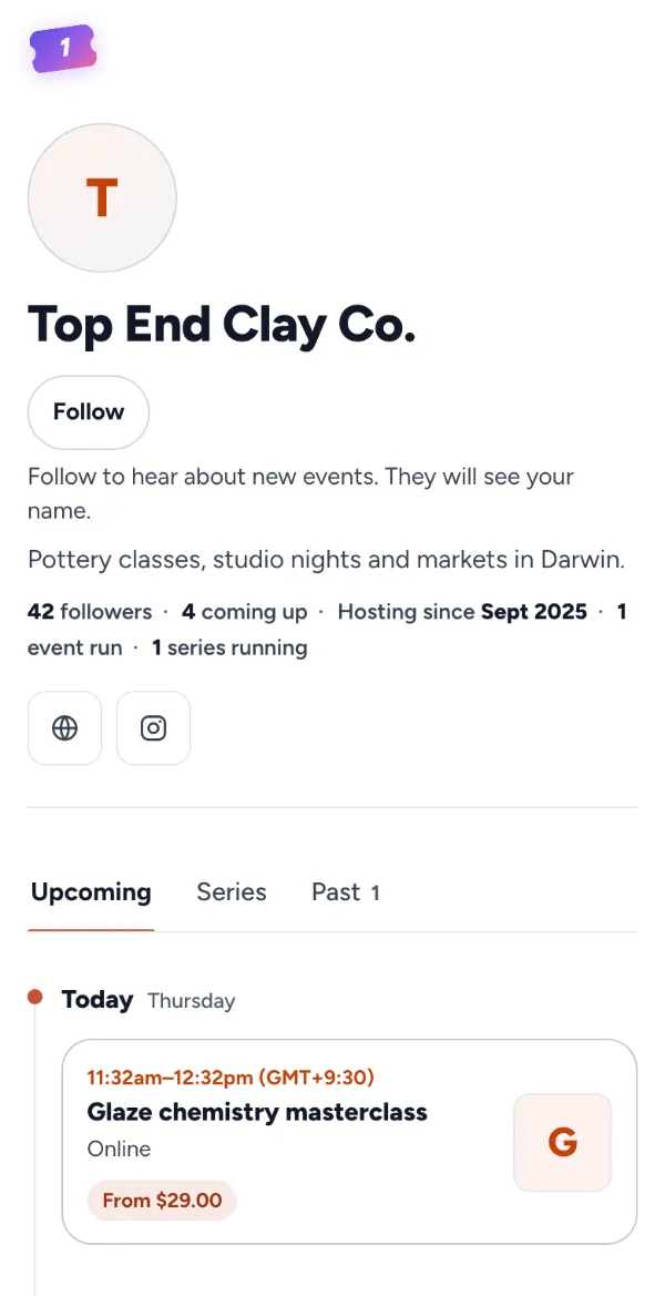 The organiser’s page on a phone: Top End Clay Co., its bio, Follow, and Upcoming, Series and Past