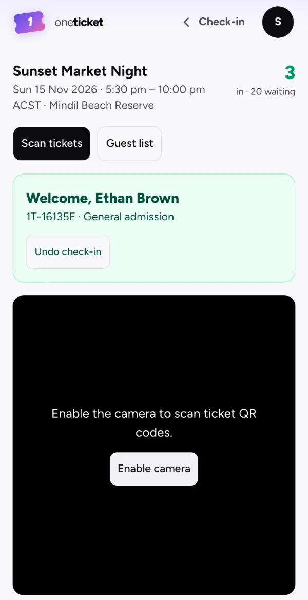 Check-in on a phone: Sunset Market Night, a guest welcomed with their ticket type, and the count of who is in