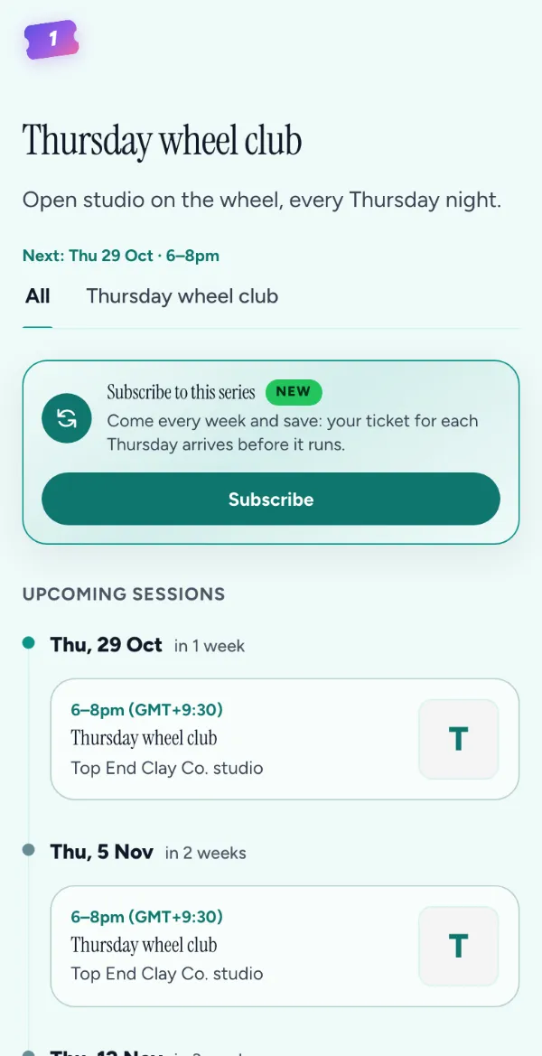 A series page on a phone: Thursday wheel club, Subscribe to this series, and the upcoming sessions