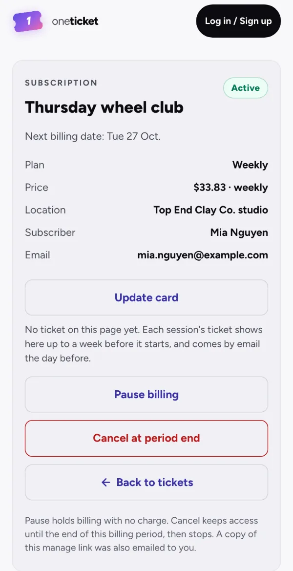A subscriber’s own plan: weekly, Update card, Pause billing, Cancel at period end