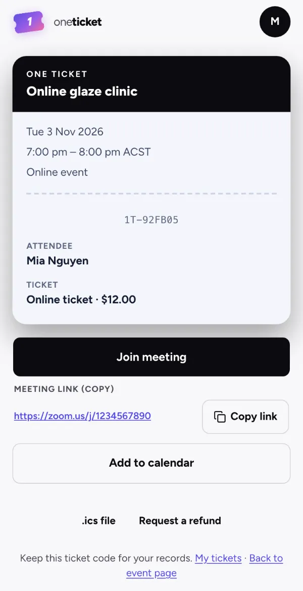 A ticket to an online event on a phone: Online glaze clinic, Join meeting, the meeting link and Copy link
