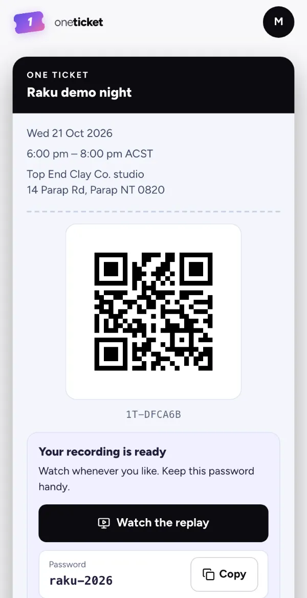 A ticket with Your recording is ready, Watch the replay and the password