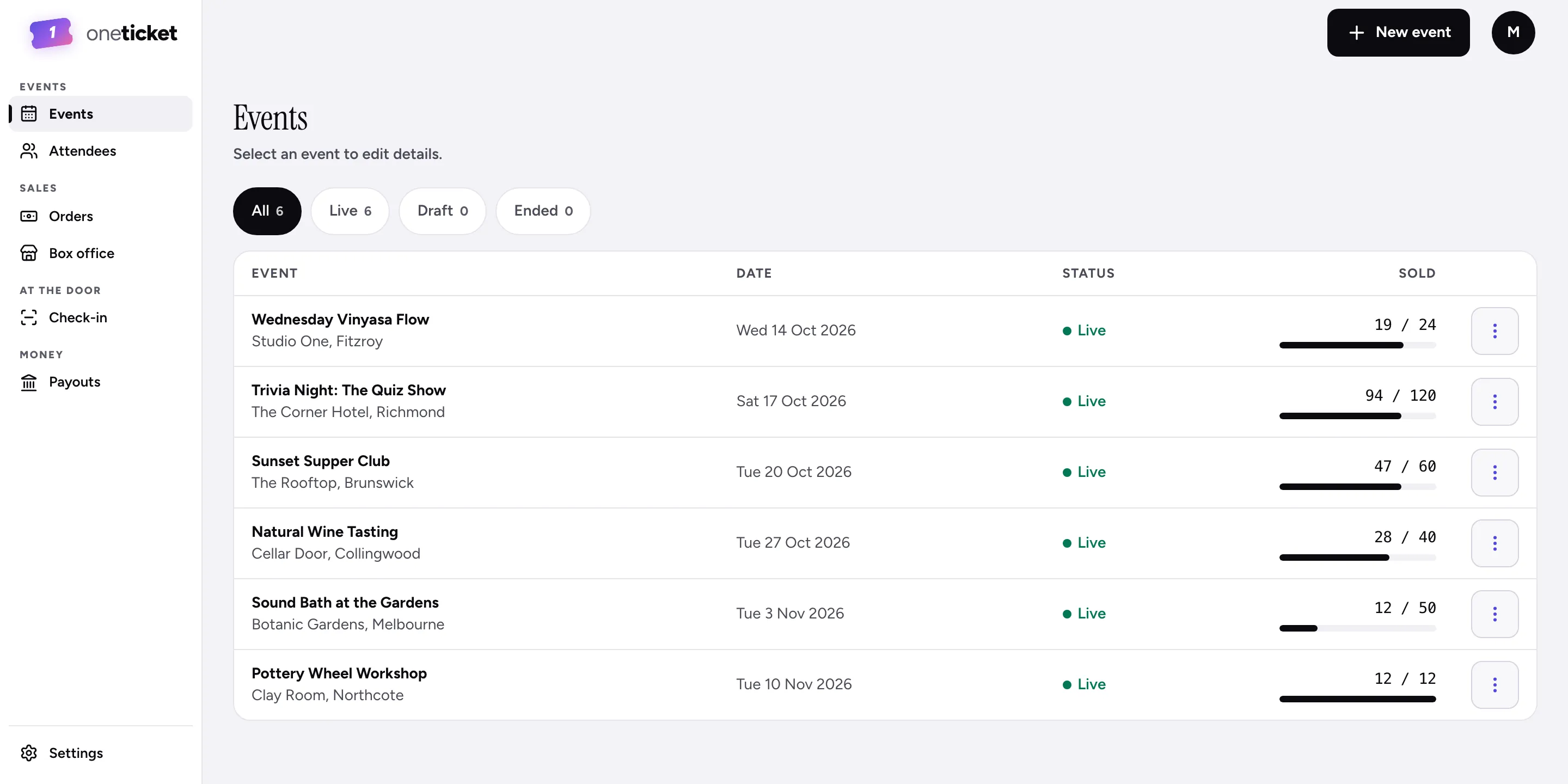 The One Ticket Events page for an organiser: six live events with their dates and a bar showing tickets sold out of capacity, for example 94 of 120 for a trivia night.